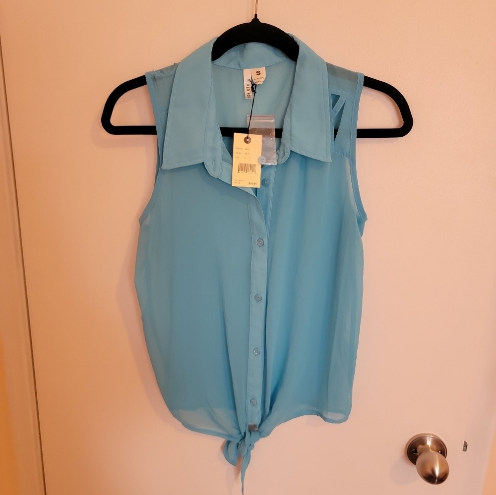 Red Fox NWT Womens Small Aqua Sheer Blouse Button Down With Tie bottom msrp $50